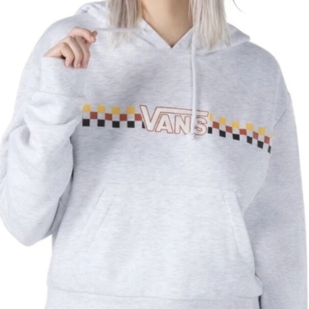VANS Women's Crop Pullover Hoodie Checkered Racing Light Grey Size M.
